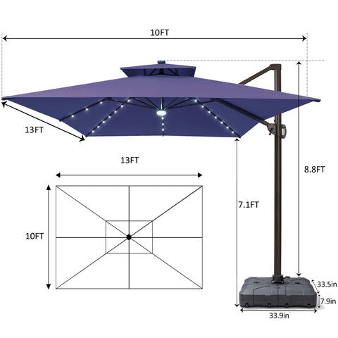 13 x 10 ft. Aluminum Double Top Cantilever Patio Umbrella with LED Lights and Base Options