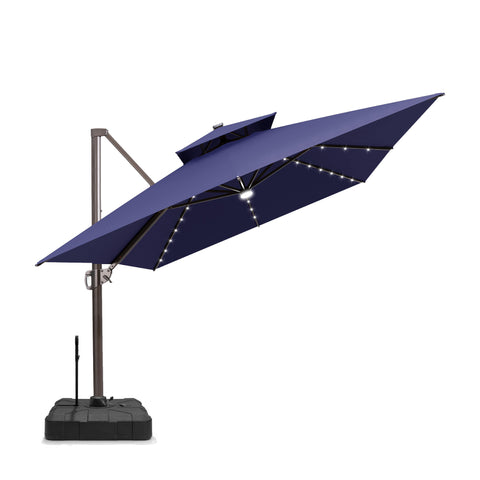 Pellebant 10x13ft Aluminum Crank Cantilever Patio Umbrella with Lights with Base