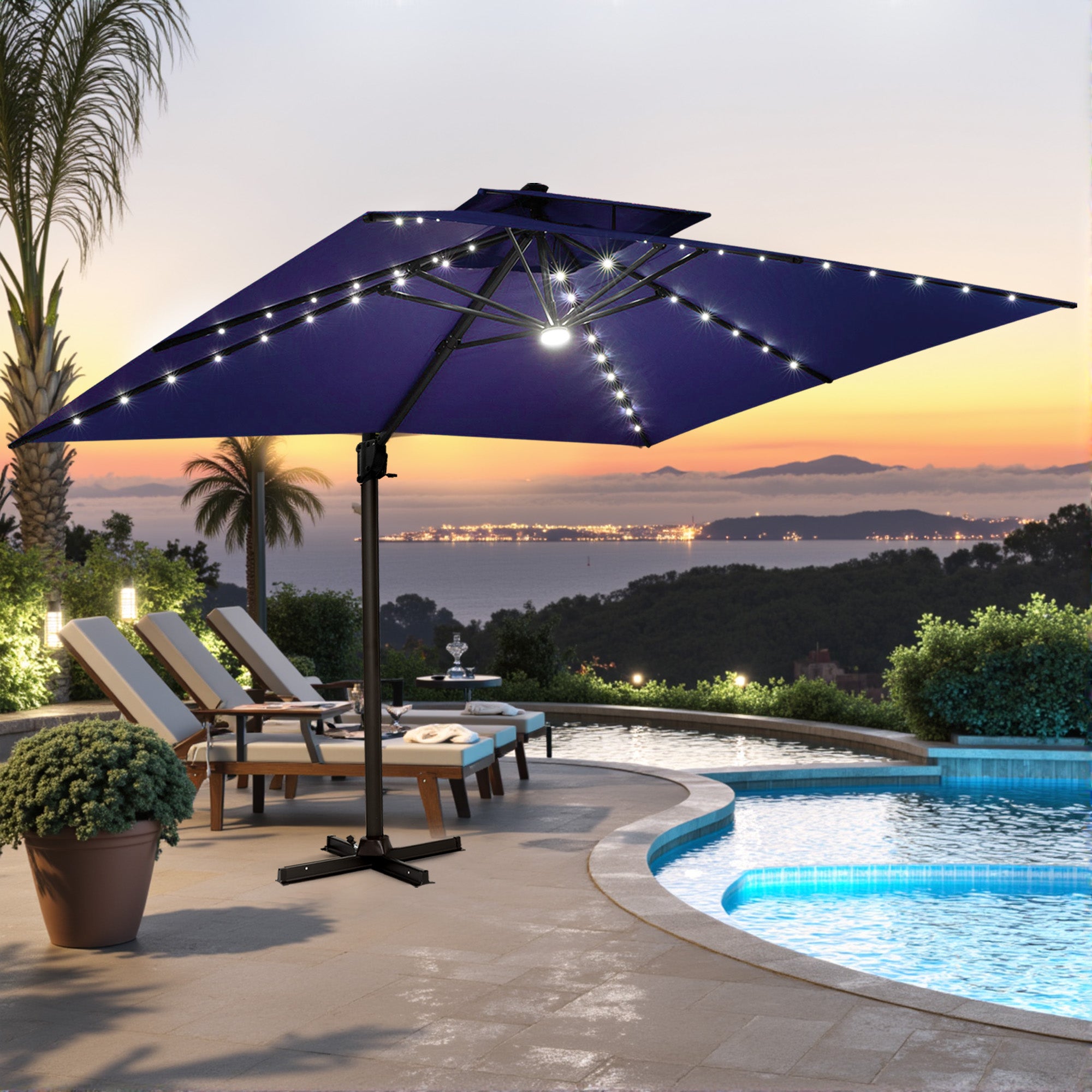 Pellebant 10x13ft Aluminum Crank Cantilever Patio Umbrella with Lights