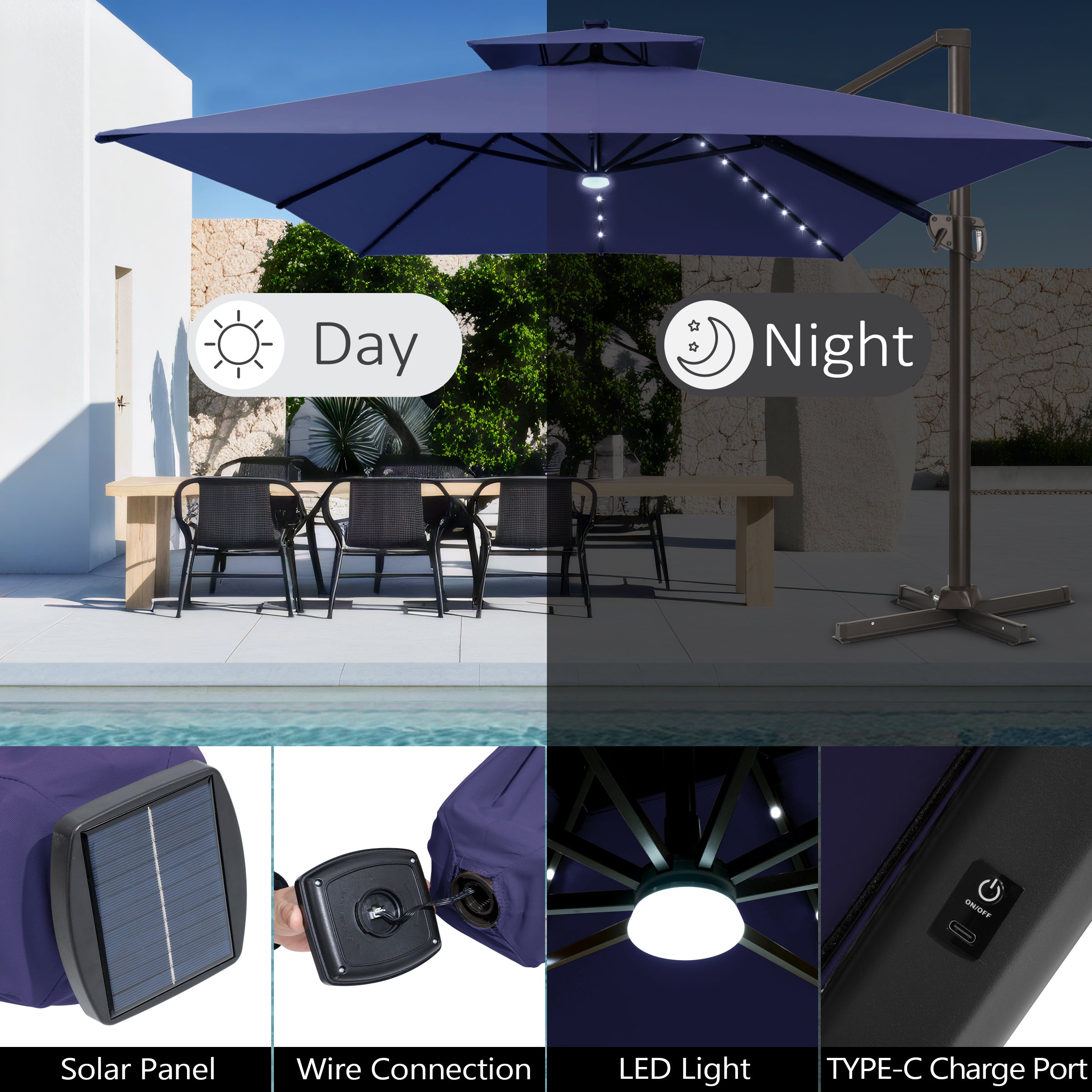 Pellebant 10x13ft Aluminum Crank Cantilever Patio Umbrella with Lights