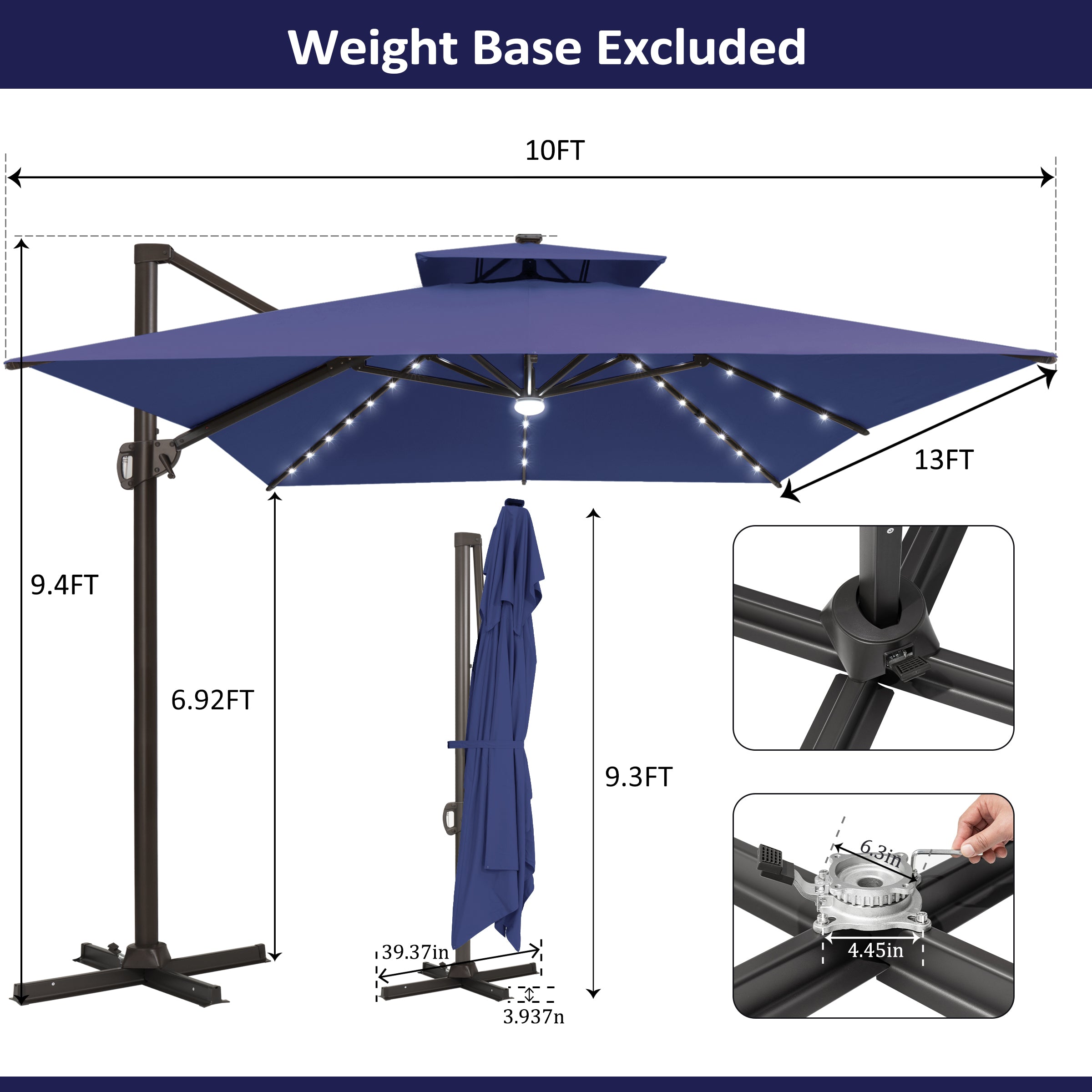 Pellebant 10x13ft Aluminum Crank Cantilever Patio Umbrella with Lights