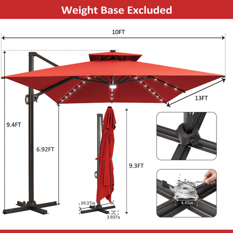 13 x 10 ft. Aluminum Double Top Cantilever Patio Umbrella with LED Lights and Base Options