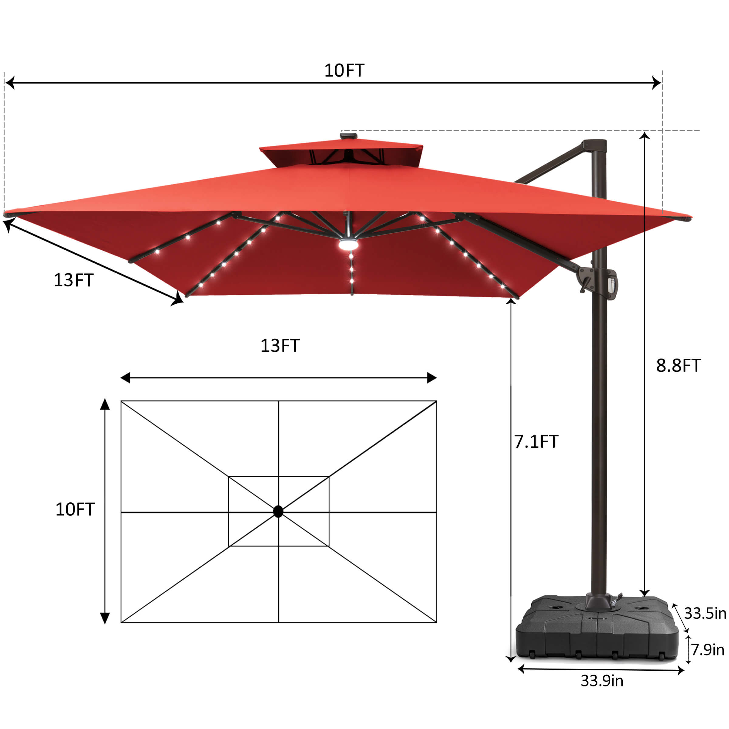 13x10 ft Aluminum Double Top LED Cantilever Umbrella 13x10 ft Aluminum Double Top LED Cantilever Umbrella