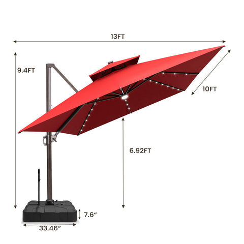 13 x 10 ft. Aluminum Double Top Cantilever Patio Umbrella with LED Lights and Base Options
