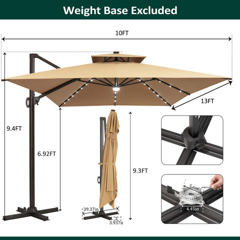 13 x 10 ft. Aluminum Double Top Cantilever Patio Umbrella with LED Lights and Base Options