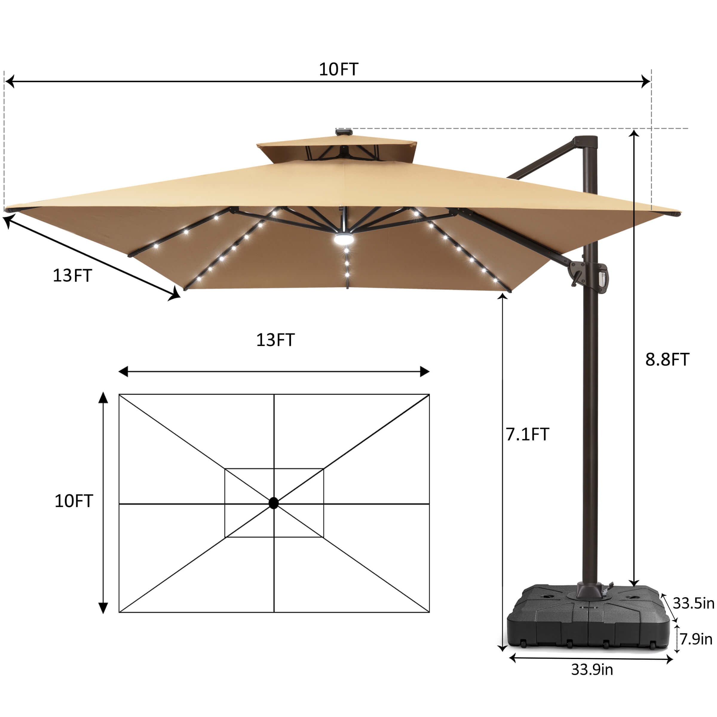 13x10 ft Aluminum Double Top LED Cantilever Umbrella 13x10 ft Aluminum Double Top LED Cantilever Umbrella