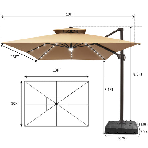 13 x 10 ft. Aluminum Double Top Cantilever Patio Umbrella with LED Lights and Base Options