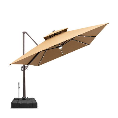 Pellebant 10x13ft Aluminum Crank Cantilever Patio Umbrella with Lights with Base