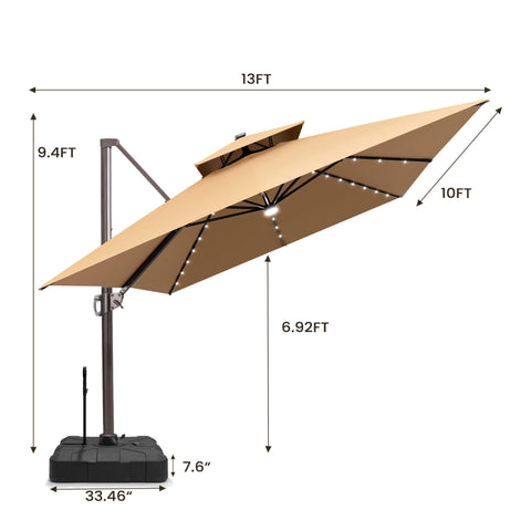 13 x 10 ft. Aluminum Double Top Cantilever Patio Umbrella with LED Lights and Base Options