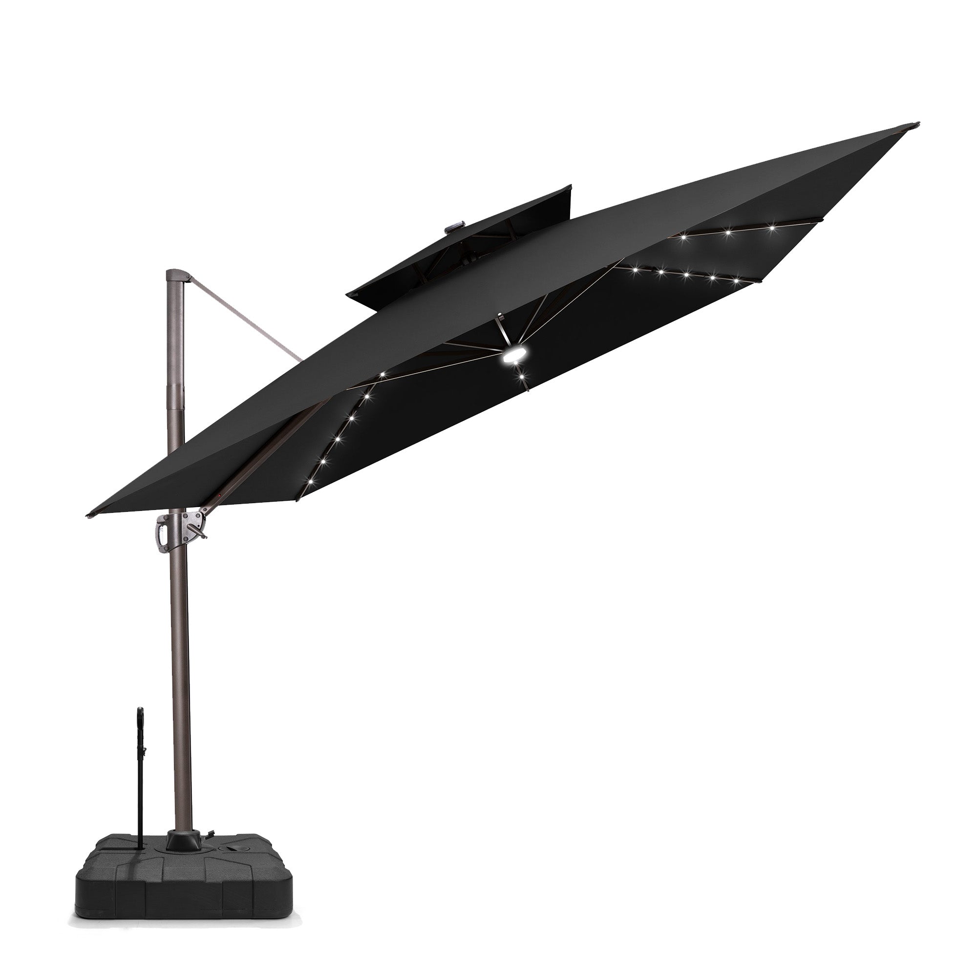 Pellebant 11x11ft Aluminum Double Top Crank Cantilever Patio Umbrella with Lights with Base