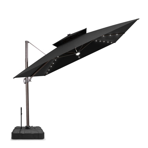 Pellebant 11x11ft Aluminum Double Top Crank Cantilever Patio Umbrella with Lights with Base