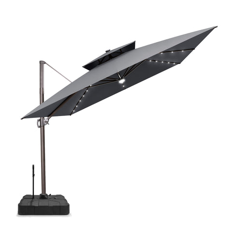 Pellebant 11x11ft Aluminum Double Top Crank Cantilever Patio Umbrella with Lights with Base