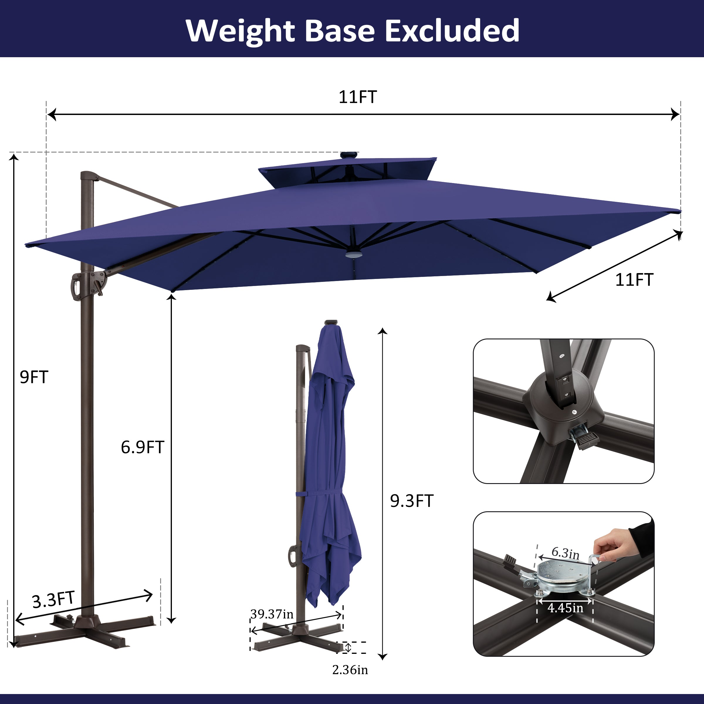 Pellebant 11x11ft Aluminum Cantilever Patio Umbrella with Lights