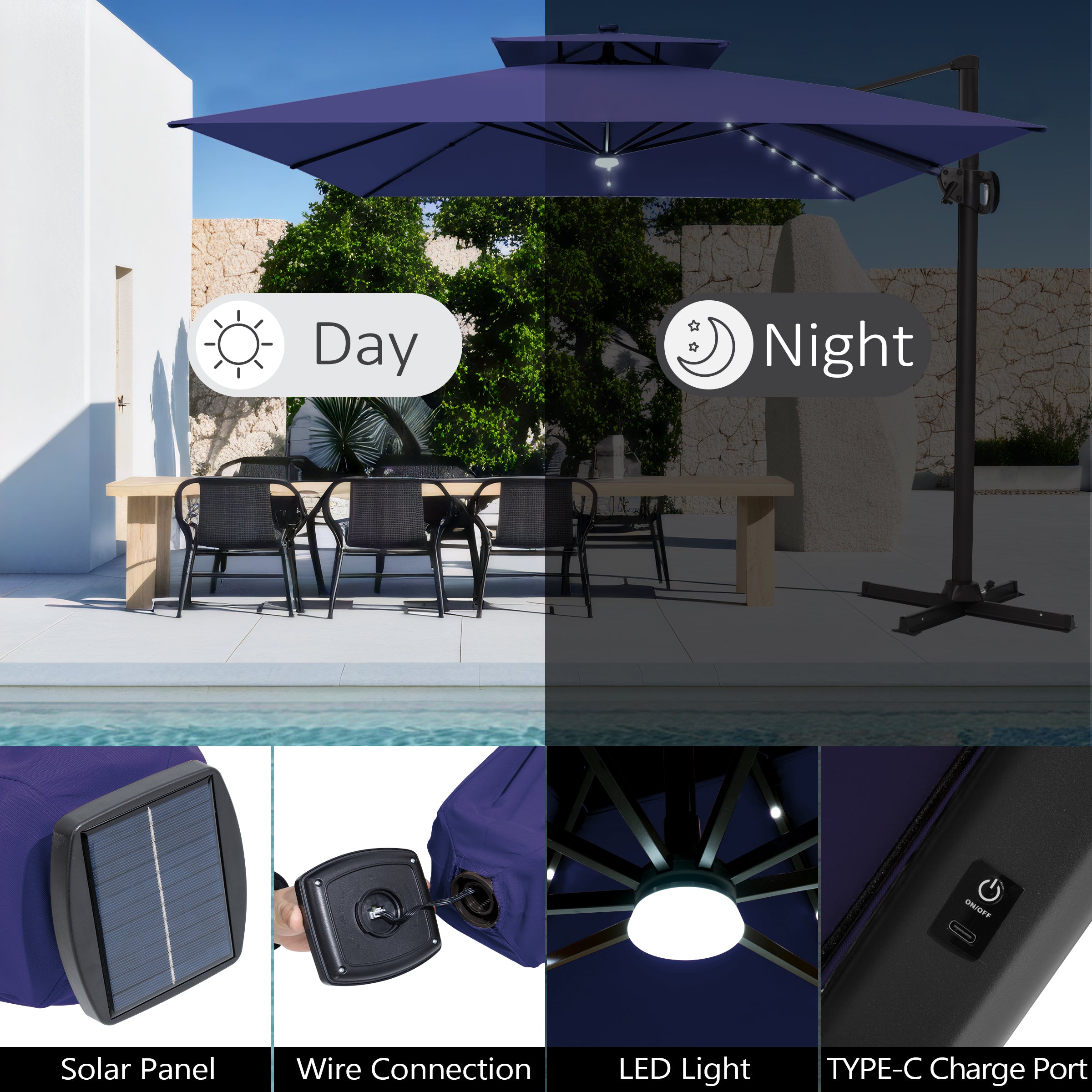 Pellebant 11x11ft Aluminum Cantilever Patio Umbrella with Lights