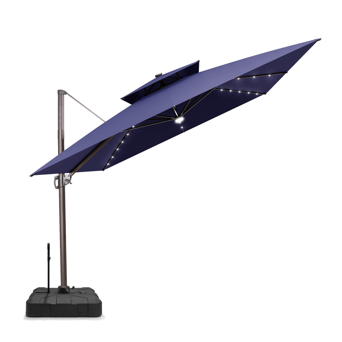 Pellebant 11x11ft Aluminum Double Top Crank Cantilever Patio Umbrella with Lights with Base