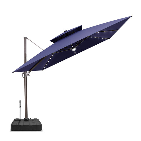 Pellebant 11x11ft Aluminum Double Top Crank Cantilever Patio Umbrella with Lights with Base