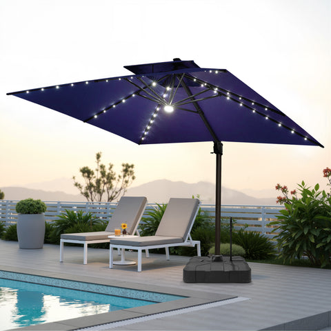 Pellebant 11x11ft Aluminum Double Top Crank Cantilever Patio Umbrella with Lights with Base