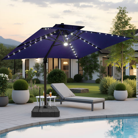 Pellebant 11x11ft Aluminum Double Top Crank Cantilever Patio Umbrella with Lights with Base