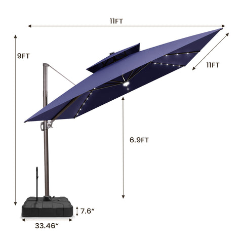 Pellebant 11x11ft Aluminum Double Top Crank Cantilever Patio Umbrella with Lights with Base