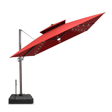 Pellebant 11x11ft Aluminum Double Top Crank Cantilever Patio Umbrella with Lights with Base