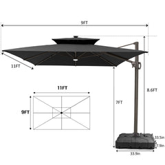 11 x 9 ft. Aluminum Dual Top Cantilever Patio Umbrella with LED Lights and Base Options