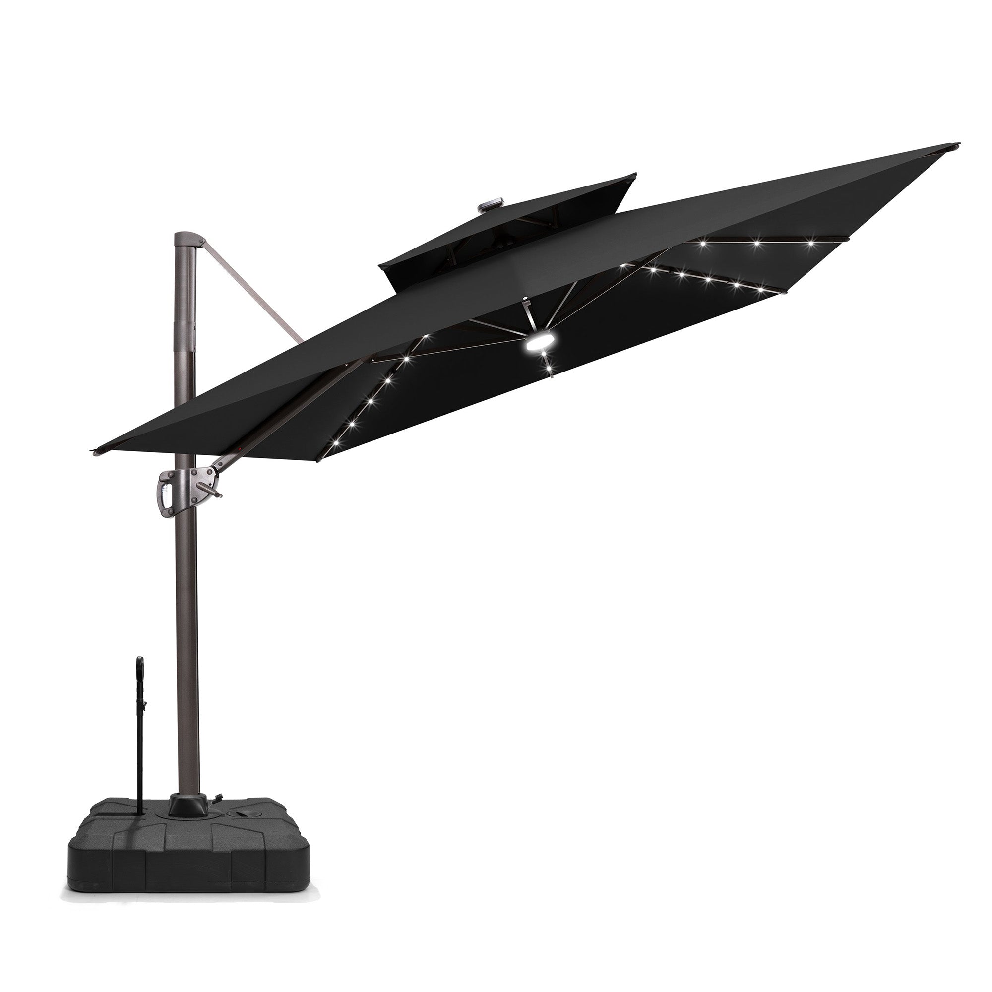Pellebant 9x11ft Aluminum Double Top Crank Cantilever Patio Umbrella with Lights with Base