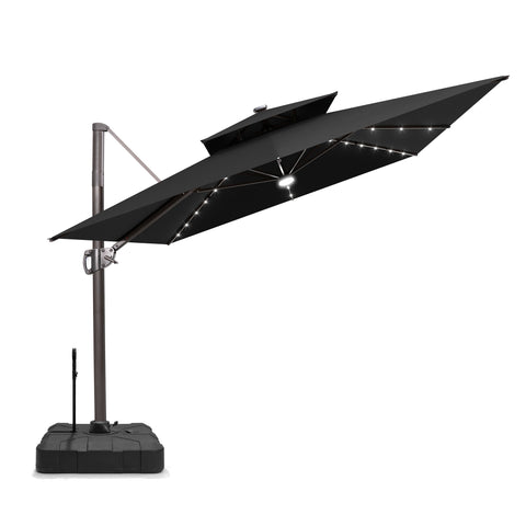 Pellebant 9x11ft Aluminum Double Top Crank Cantilever Patio Umbrella with Lights with Base