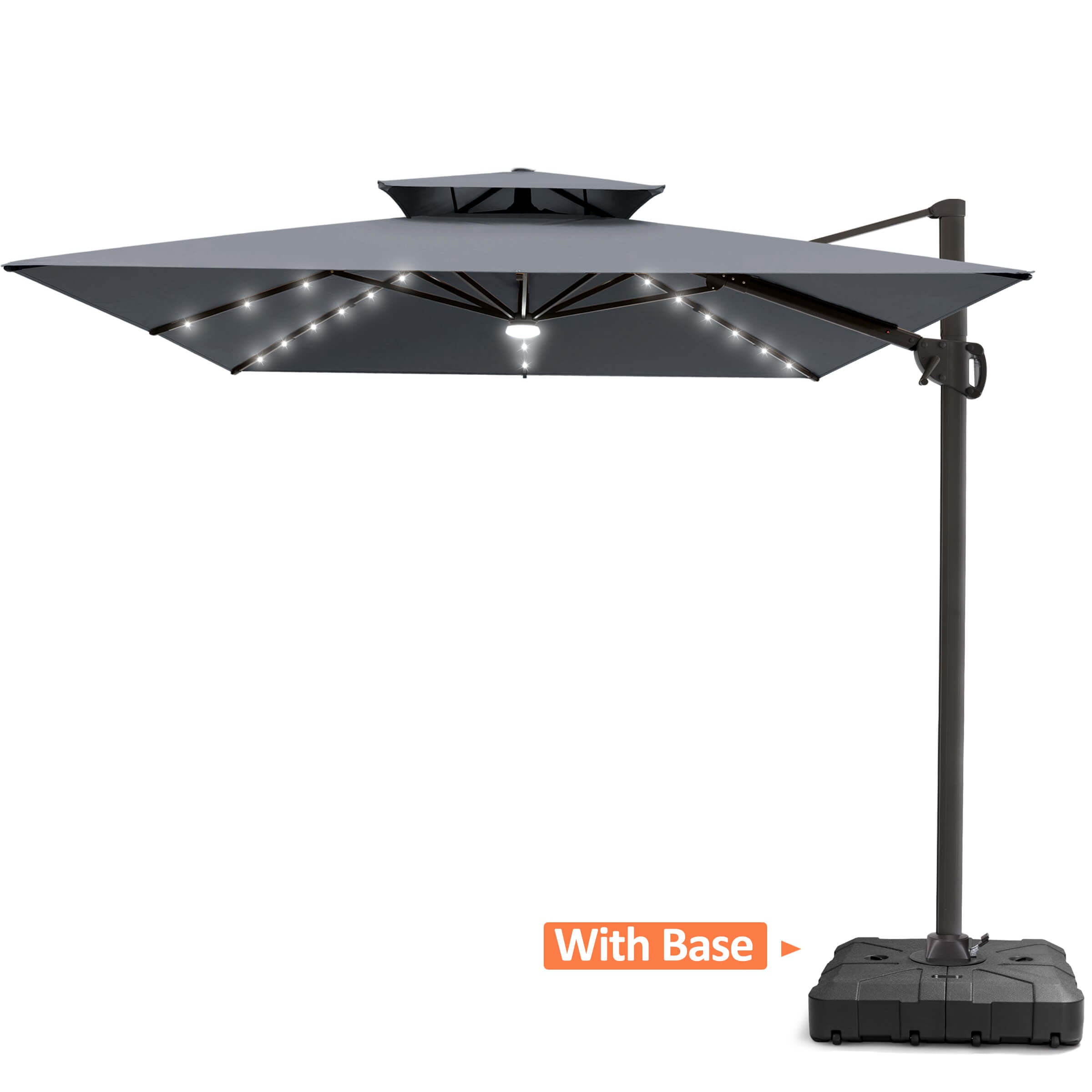 cantilever patio umbrellas with lights Mojia 10x10 FT Square Umbrella Solar LED and Cross Base, 360 Rotation Large Heavy Duty Offset Outdoor Umbrella with Easy Tilt for Pool Backyard Deck Garden Its perfect for your gardens PatioKingdom Lighted Cantilever Umbrella with