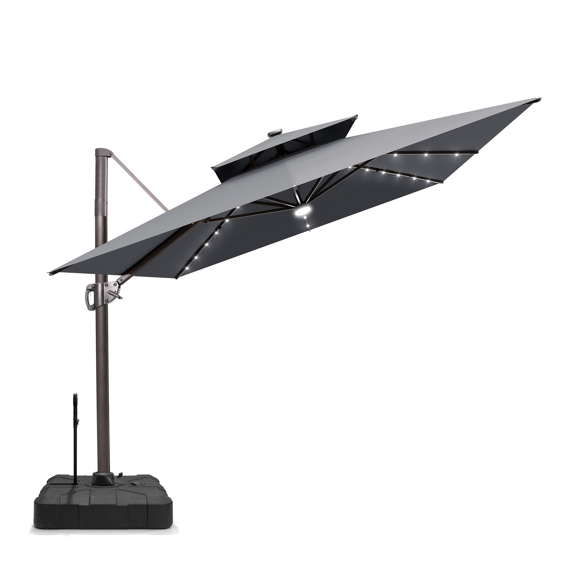 Pellebant 9x11ft Aluminum Double Top Crank Cantilever Patio Umbrella with Lights with Base