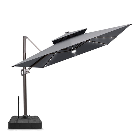 Pellebant 9x11ft Aluminum Double Top Crank Cantilever Patio Umbrella with Lights with Base