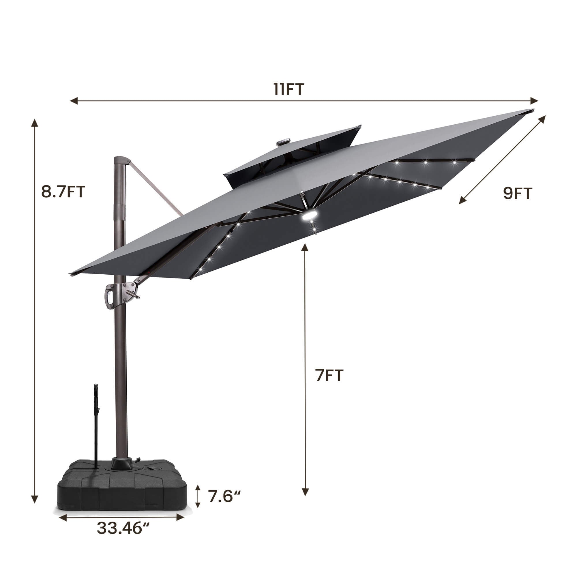 7ft cantilever patio umbrella 10 ft with 32 Solar LED Lights and 220 LBS Base-Dark Blue WEATHER READY 11x9 ft Aluminum Dual Top