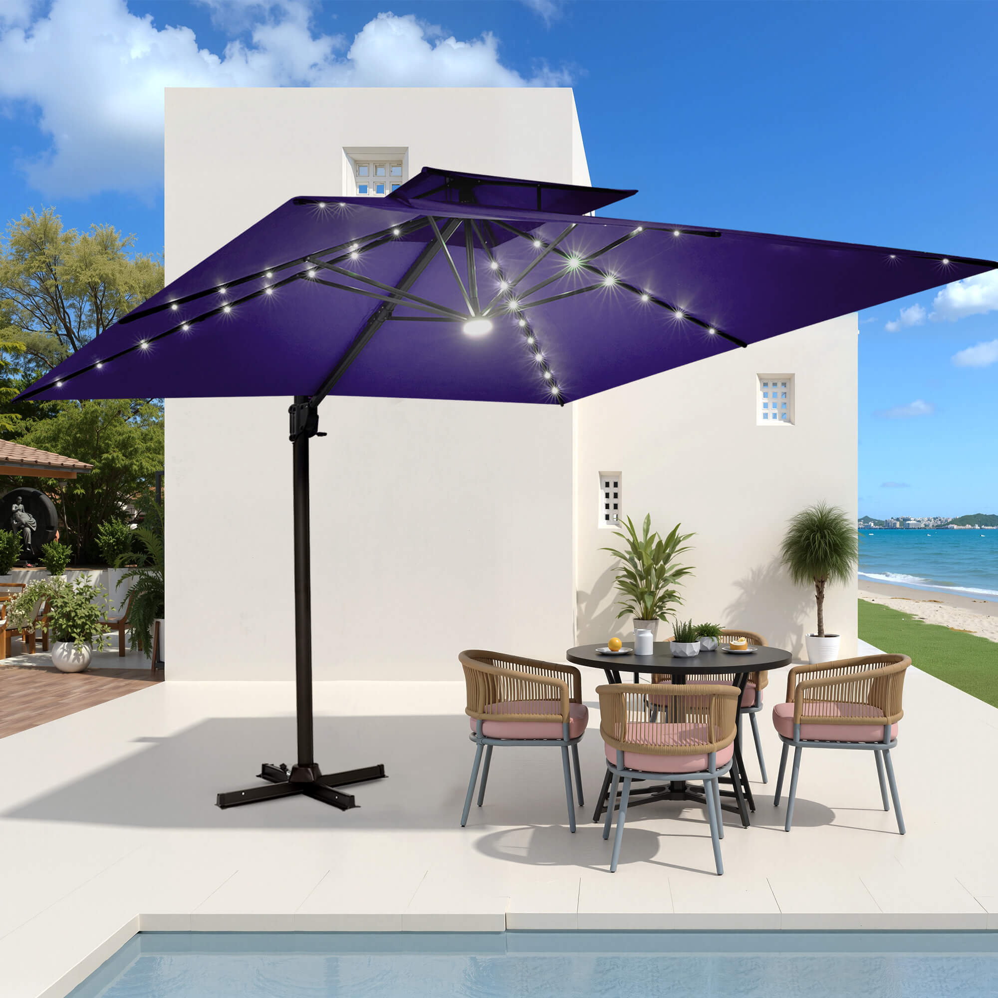 lights for rectangular patio umbrella Amazon.com : SANLUCE Rectangle with solar lights, 10x6.5ft umbrella outdoor patio with Tilt & Crank Market Umbrella 6 Sturdy Ribs UV Protection Waterproof Garden Deck Backyard Pool, Turquoise Protect your family from the harsh rays of the Sun 15ft Rectangular Patio Umbrella with