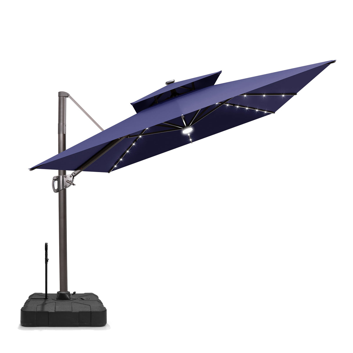 Pellebant 9x11ft Aluminum Double Top Crank Cantilever Patio Umbrella with Lights with Base