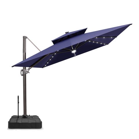 Pellebant 9x11ft Aluminum Double Top Crank Cantilever Patio Umbrella with Lights with Base