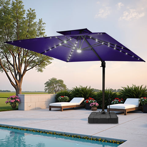 Pellebant 9x11ft Aluminum Double Top Crank Cantilever Patio Umbrella with Lights with Base
