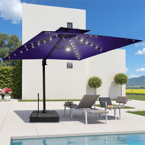 Pellebant 9x11ft Aluminum Double Top Crank Cantilever Patio Umbrella with Lights with Base