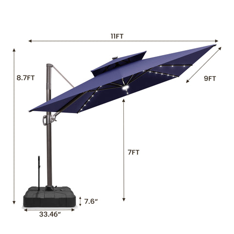 Pellebant 9x11ft Aluminum Double Top Crank Cantilever Patio Umbrella with Lights with Base