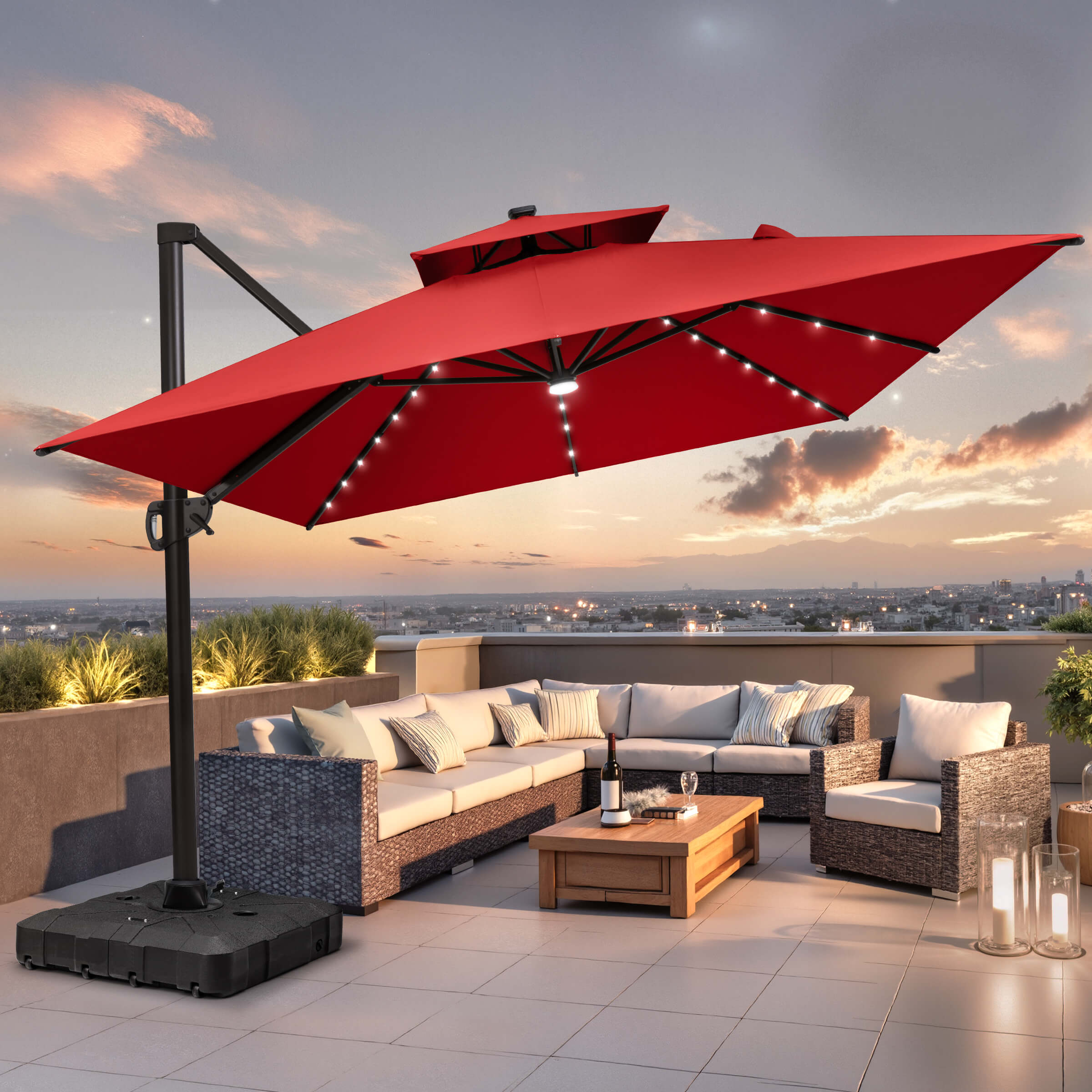 dark red patio umbrella 6.5' Square Pulley Premier combined with easy tilt and 360 rotation Tilt Patio Umbrella | Auto-Tilt,