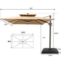 11 x 9 ft. Aluminum Dual Top Cantilever Patio Umbrella with LED Lights and Base Options