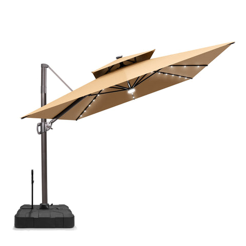 Pellebant 9x11ft Aluminum Double Top Crank Cantilever Patio Umbrella with Lights with Base
