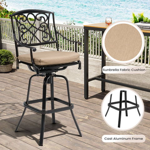 Pellebant Cast Aluminum Swivel Outdoor Bar Stools with Sunbrella Cushion Set of 2