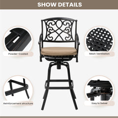 Cast Aluminum Outdoor Swivel Bar Stools with Sunbrella Cushion, Set of 2
