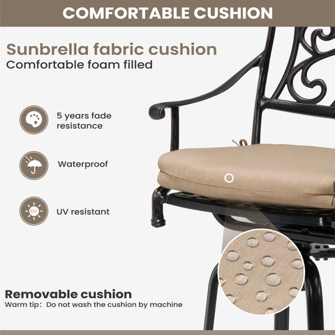 Pellebant Cast Aluminum Swivel Outdoor Bar Stools with Sunbrella Cushion Set of 2