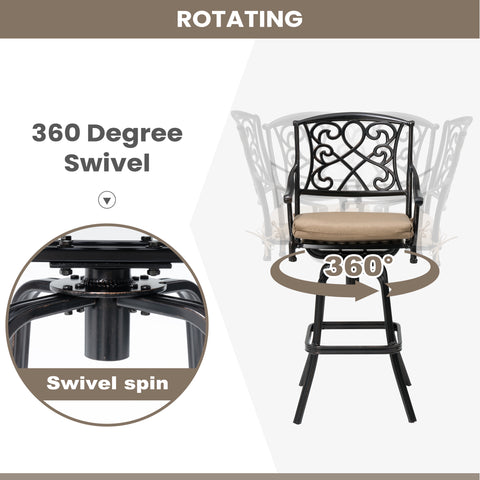 Pellebant Cast Aluminum Swivel Outdoor Bar Stools with Sunbrella Cushion Set of 2
