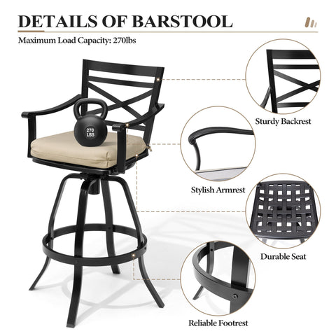 Pellebant Swivel Outdoor Bar Stools Set of 2 with Sunbrella Cushion and Cast Aluminum Frame