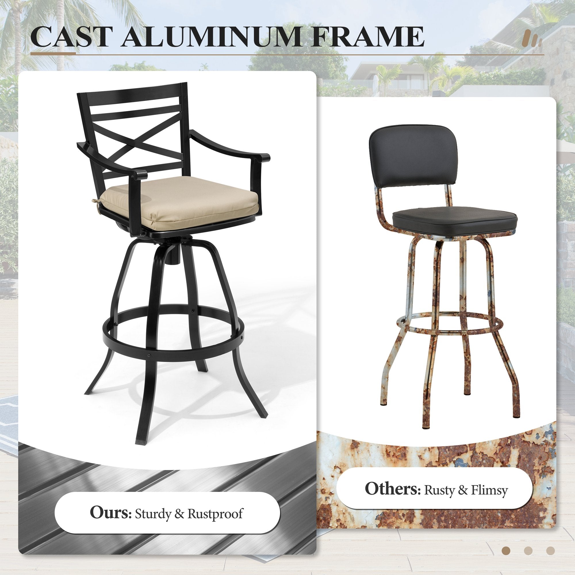 Pellebant Swivel Outdoor Bar Stools Set of 2 with Sunbrella Cushion and Cast Aluminum Frame