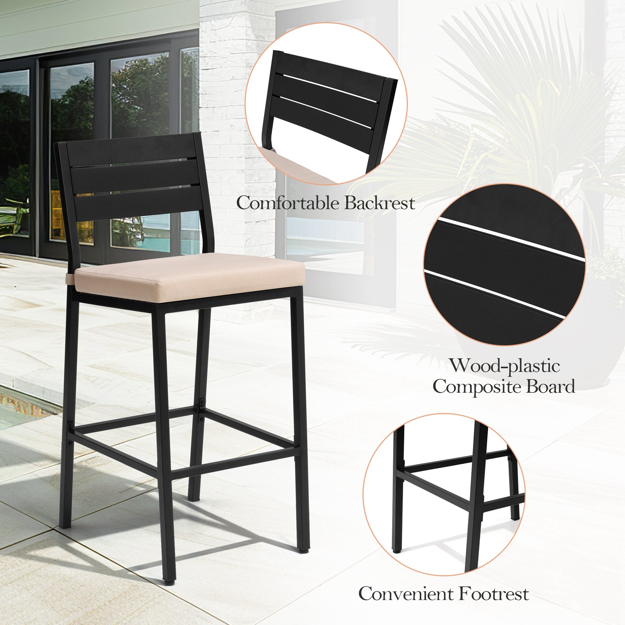 Pellebant 2-Piece Outdoor Bar Stools with Cushions, Backrest and Footrest