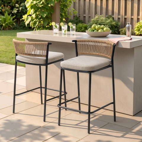 Outdoor Patio Bar Stool Set of 2 with Cushion and Rattan Back
