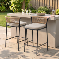 Outdoor Patio Bar Stool Set of 2 with Cushion and Rattan Back