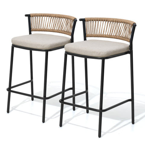 Outdoor Patio Bar Stool Set of 2 with Cushion and Rattan Back